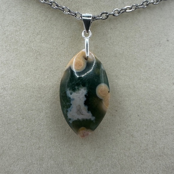 None Jewelry - Eye Shaped Ocean Jasper Pendant on Stainless Steel Chain